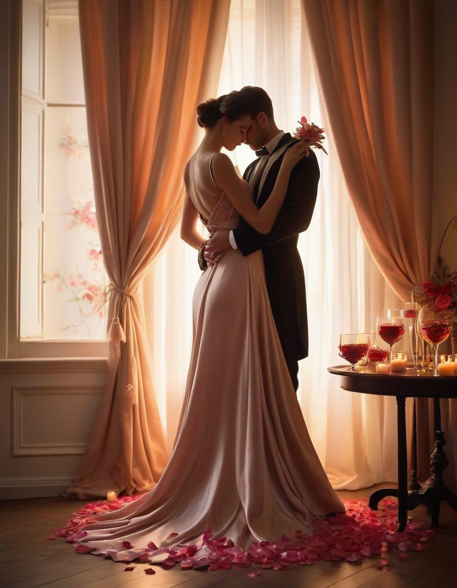 A captivating scene of a candlelit room adorned with soft silk drapes and sensual flowers, featuring two silhouettes entwined in a graceful dance, their expressions filled with longing and affection. The warm glow of candles creates an intimate atmosphere, reflecting the essence of seduction and charm. The background subtly hints at romantic elements like wine glasses and scattered rose petals. painterly style. warm tones. soft focus.