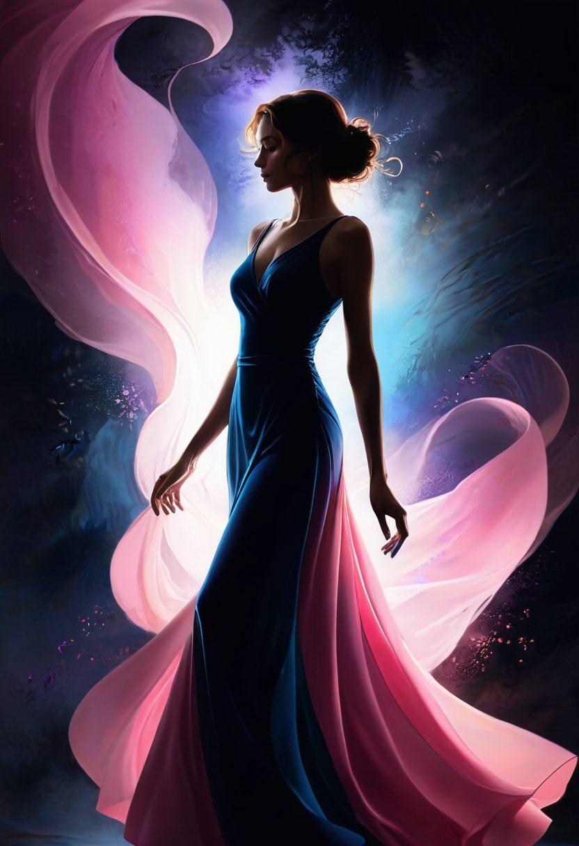 A seductive silhouette of a confident person in a soft, moody atmosphere, with swirling colorful lights around them to symbolize attraction and allure. Include subtle elements like flirtatious winks or playful gestures in the background. The expression on the person's face should convey mystery and charm, drawing the viewer in. Soft shadows and warm tones enhance the sensuous vibe. vibrant colors. moody lighting. digital painting.