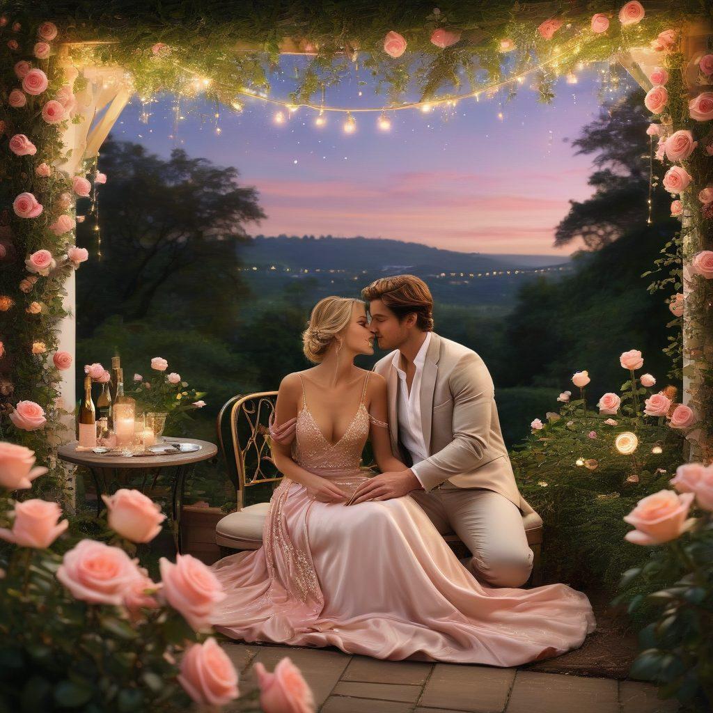 A romantic scene featuring a couple sharing an intimate moment under a starlit sky, surrounded by lush greenery and twinkling fairy lights. Soft, warm colors evoke a sense of allure and desire, with subtle hints of champagne and roses in the foreground. The atmosphere is dreamy and enchanting, inviting the viewer into a world of romance. super-realistic. vibrant colors. dreamy ambiance.